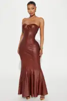 Elegant Brown Faux Leather Maxi Dress with Strapless Design & Padded Bra Cups