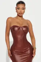 Elegant Brown Faux Leather Maxi Dress with Strapless Design & Padded Bra Cups(Brown,XS)