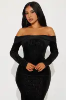 Glitter Velvet Maxi Dress - Off Shoulder Long Sleeves with Hidden Zipper (Black/Teal/Burgundy)(Black,XS)