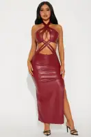 Sexy Faux Leather Maxi Dress with Criss Cross Neckline & Side Slits - Black & Wine