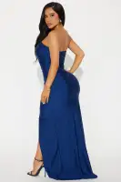 Elegant Navy Strapless Maxi Dress with High Slit & Ruffle Detail – Stretchy Nylon Blend(Navy,XS)
