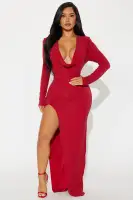 Elegant Royal & Red Maxi Dress with Cowl Neckline & High Slit - Stretch Lined Long Sleeve Dress with Shoulder Pads