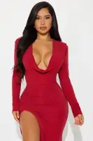 Elegant Royal & Red Maxi Dress with Cowl Neckline & High Slit - Stretch Lined Long Sleeve Dress with Shoulder Pads(Red,XS)