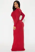 Elegant Royal & Red Maxi Dress with Cowl Neckline & High Slit - Stretch Lined Long Sleeve Dress with Shoulder Pads(Red,XS)