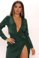 Elegant Burgundy Satin Maxi Dress with Deep V-Neck & Knot Front Detail – Long Sleeve Stretch Fit(Hunter,XS)