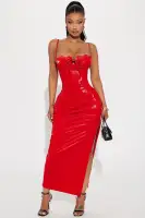 Elegant Red Faux Leather Maxi Dress with Sweetheart Neckline & Lace Trim