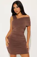 Stylish One-Shoulder Mini Dress with Quarter Zip – Red & Chocolate Options – Stretchy Polyester/Spandex Blend