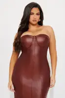 Elegant Brown Faux Leather Maxi Dress with Strapless Design & Padded Bra Cups(Brown,XS)