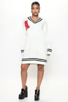 Oversize V-Neck Patch Detail Sweater Mini Dress - Long Sleeve Stretch Acrylic (White)(White,XS)