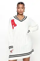 Oversize V-Neck Patch Detail Sweater Mini Dress - Long Sleeve Stretch Acrylic (White)