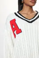Oversize V-Neck Patch Detail Sweater Mini Dress - Long Sleeve Stretch Acrylic (White)(White,XS)