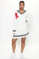 Oversize V-Neck Patch Detail Sweater Mini Dress - Long Sleeve Stretch Acrylic (White)(White,XS)