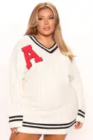 Oversize V-Neck Patch Detail Sweater Mini Dress - Long Sleeve Stretch Acrylic (White)(White,XS)