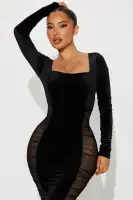 Elegant Black Velvet Maxi Dress with Square Neckline & Mesh Cut-Outs(Black,XS)