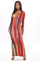 Elegant Long Sleeve Maxi Dress with Deep V-Neck - Stretchy Rayon & Spandex Blend - Multi Color Options