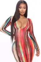 Elegant Long Sleeve Maxi Dress with Deep V-Neck - Stretchy Rayon & Spandex Blend - Multi Color Options(Multi Color,XS)