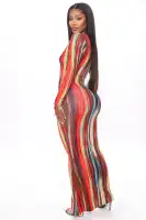 Elegant Long Sleeve Maxi Dress with Deep V-Neck - Stretchy Rayon & Spandex Blend - Multi Color Options(Multi Color,XS)