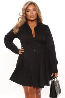 Elegant White & Black Long Sleeve Shirt Dress - Button Front Fit & Flare Poplin Stretch(Black,XS)