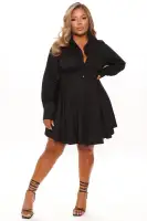 Elegant White & Black Long Sleeve Shirt Dress - Button Front Fit & Flare Poplin Stretch(Black,XS)