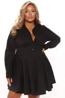 Elegant White & Black Long Sleeve Shirt Dress - Button Front Fit & Flare Poplin Stretch(Black,XS)