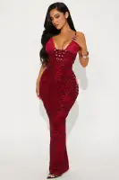 Burgundy Mesh Maxi Dress with V-Neck & Lace-Up Detail – Adjustable Spaghetti Straps & Flocked Lace Trim(Burgundy,XS)