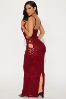 Burgundy Mesh Maxi Dress with V-Neck & Lace-Up Detail – Adjustable Spaghetti Straps & Flocked Lace Trim(Burgundy,XS)
