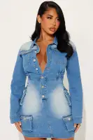 Vintage Denim Mini Dress Set with Leg Warmers – Medium Wash, Long Sleeves & Elastic Waist – 75% Cotton – Boho Chic Outfit(MEDIUM Wash,XS)