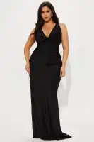 Elegant Satin Cowl Neck Backless Gown - Rust & Black Sleeveless Evening Dress(Black,XS)