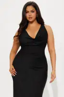 Elegant Satin Cowl Neck Backless Gown - Rust & Black Sleeveless Evening Dress(Black,XS)