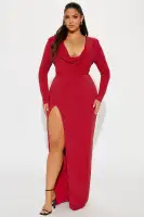 Elegant Royal & Red Maxi Dress with Cowl Neckline & High Slit - Stretch Lined Long Sleeve Dress with Shoulder Pads(Red,XS)