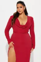 Elegant Royal & Red Maxi Dress with Cowl Neckline & High Slit - Stretch Lined Long Sleeve Dress with Shoulder Pads(Red,XS)