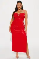 Elegant Red Faux Leather Maxi Dress with Sweetheart Neckline & Lace Trim(Red,XS)