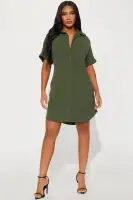 Stylish Olive Mini Shirt Dress with Collar Neck, Button Front & Ruched Back - 100% Polyester