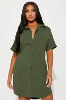 Stylish Olive Mini Shirt Dress with Collar Neck, Button Front & Ruched Back - 100% Polyester(Olive,XS)