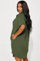 Stylish Olive Mini Shirt Dress with Collar Neck, Button Front & Ruched Back - 100% Polyester(Olive,XS)