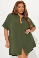 Stylish Olive Mini Shirt Dress with Collar Neck, Button Front & Ruched Back - 100% Polyester(Olive,XS)