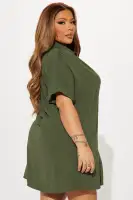 Stylish Olive Mini Shirt Dress with Collar Neck, Button Front & Ruched Back - 100% Polyester(Olive,XS)
