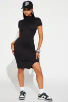 Elegant Black Mock Neck Midi Dress with Slit & Stretch Fabric