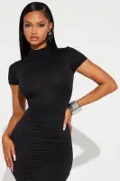 Elegant Black Mock Neck Midi Dress with Slit & Stretch Fabric(Black,S)