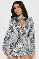 Sparkling Silver & Purple Sequin Mini Dress - Mock Neck Keyhole Long Sleeve Party Dress