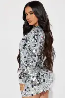 Sparkling Silver & Purple Sequin Mini Dress - Mock Neck Keyhole Long Sleeve Party Dress(Silver,XS)