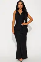Elegant Satin Cowl Neck Backless Gown - Rust & Black Sleeveless Evening Dress