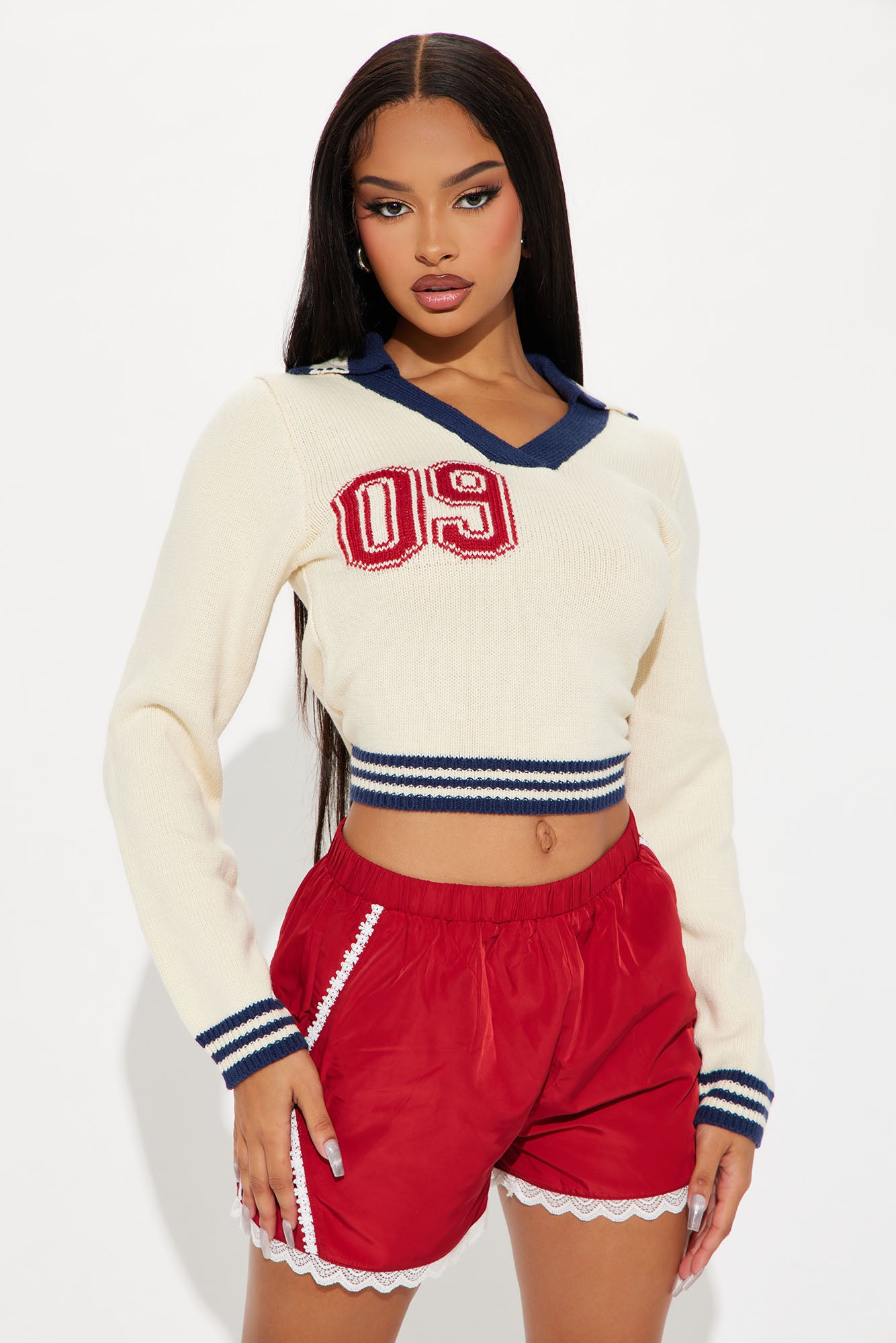 Varsity Stripe Cropped Pullover Sweater - Ivory/Combo, Ribbed Hem, 100% Acrylic