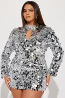 Sparkling Silver & Purple Sequin Mini Dress - Mock Neck Keyhole Long Sleeve Party Dress(Silver,XS)
