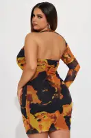 Sexy One Shoulder Mesh Mini Dress with Ruched Detail & Open Back - Orange/Combo(Orange/combo,XS)