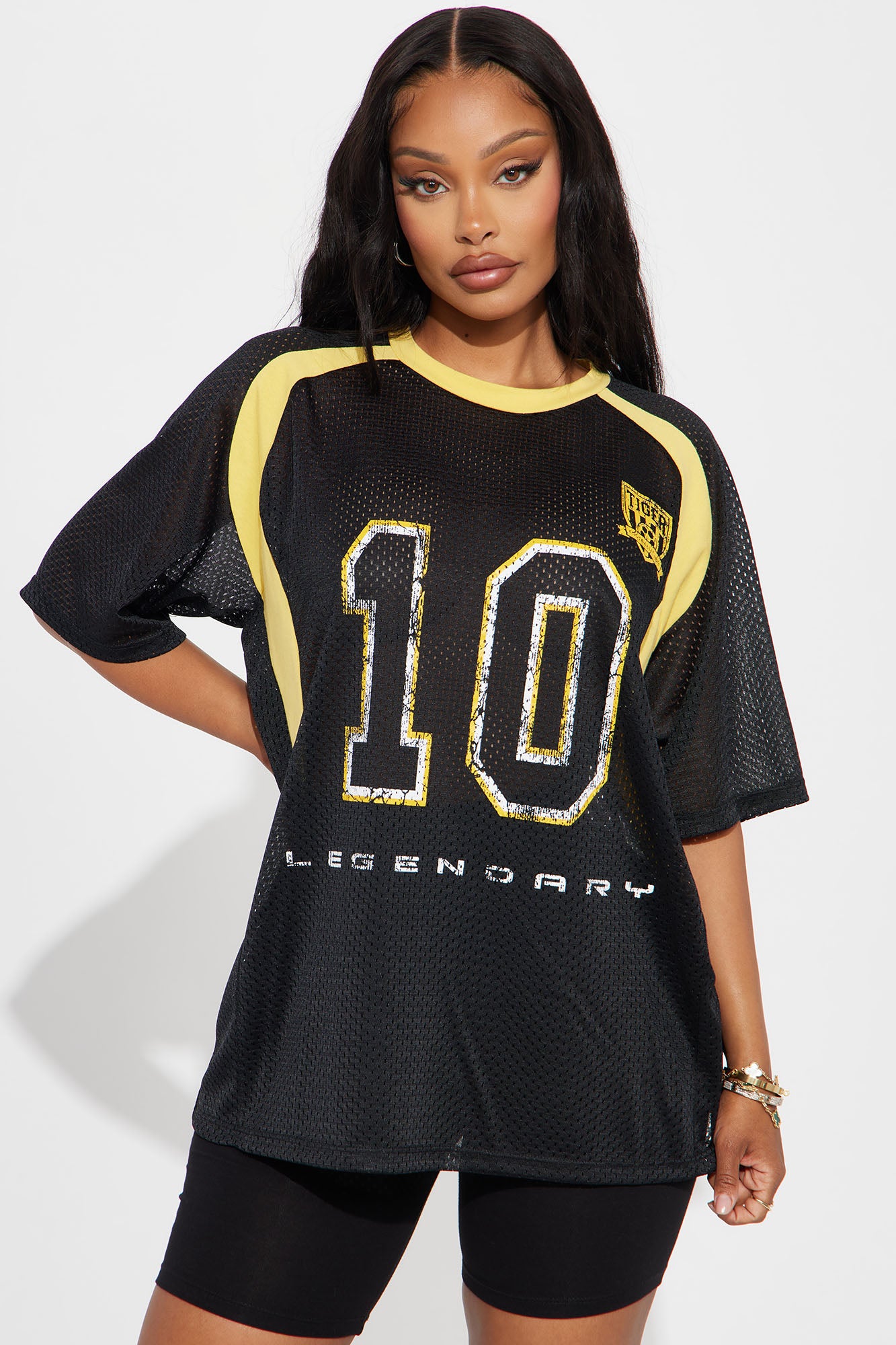 Oversized Mesh Crew Neck Tee - Unique Black/Yellow Jersey Short Sleeve (100% Polyester)