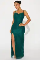 Elegant Hunter Green Lace Maxi Dress with Adjustable Straps & High Slit