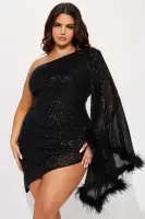 Sparkling One-Shoulder Sequin Mini Dress with Feather Trim & Asymmetrical Hem(Black,XS)