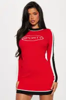 Stylish Red/Combo High Neck Sweater Mini Dress - Long Sleeves, Stretchy Viscose/Spandex Blend, Imported(Red/combo,XS)