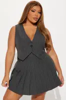 Stylish Mini Dress with V-Neck, Sleeveless Faux Vest & Pleated Skirt – Multi-Color Options(Grey,XS)